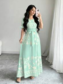 Modelyn 杏色花卉和三角形图案数码印花浅绿色圆领长袖A字连衣裙，女士，春季 - 彩色 - 查看 1