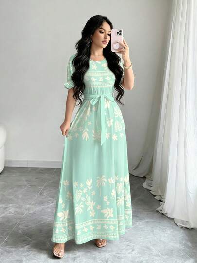 Modelyn Apricot Floral & Triangular Pattern Digital Print Light Green Crew Neck Long Sleeve A-Line Dress For Women, Spring