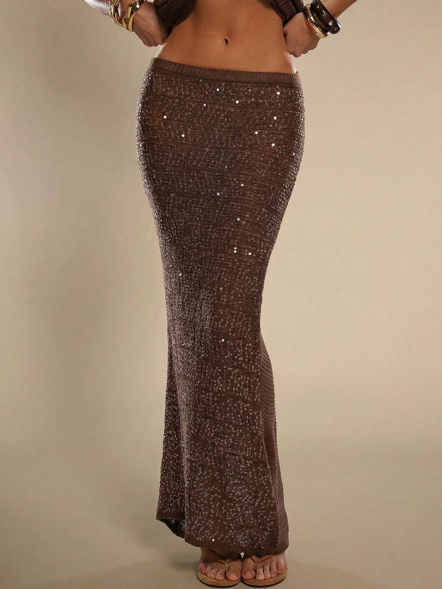 SHEIN BAE 女士亮片休闲百搭约会之夜针织裙 - 咖啡棕 - 查看 1
