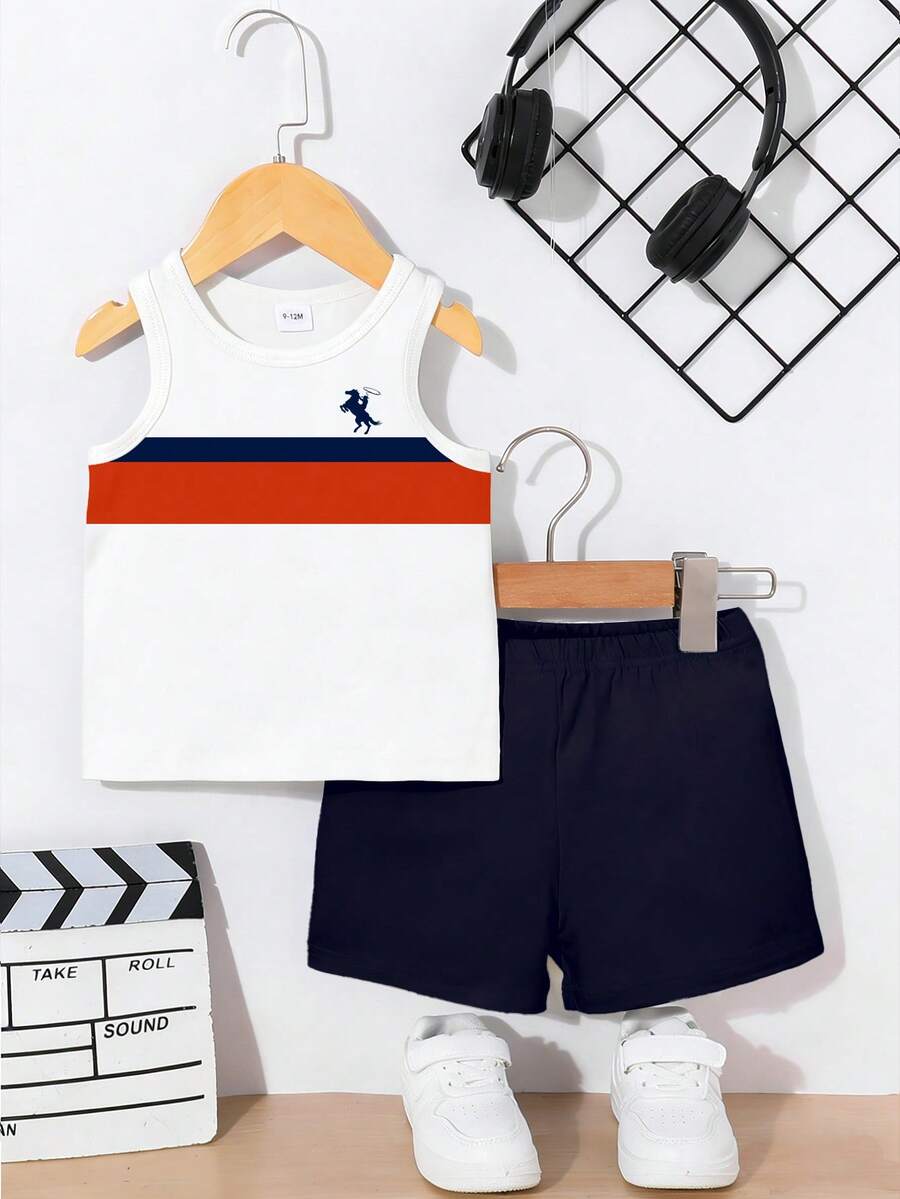 SHEIN Playful Pals 2pcs/Set Baby Boy Casual Outfit, Striped Letter Print Vest Top Paired With Navy Shorts, Suitable For Summer Outings - Multicolor - View 1