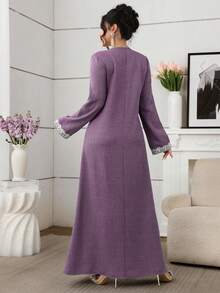Al Najma Embroidered Loose Elegant Long Sleeve Turkish & Arabic Traditional Maxi Dress For Women - Purple - View 2