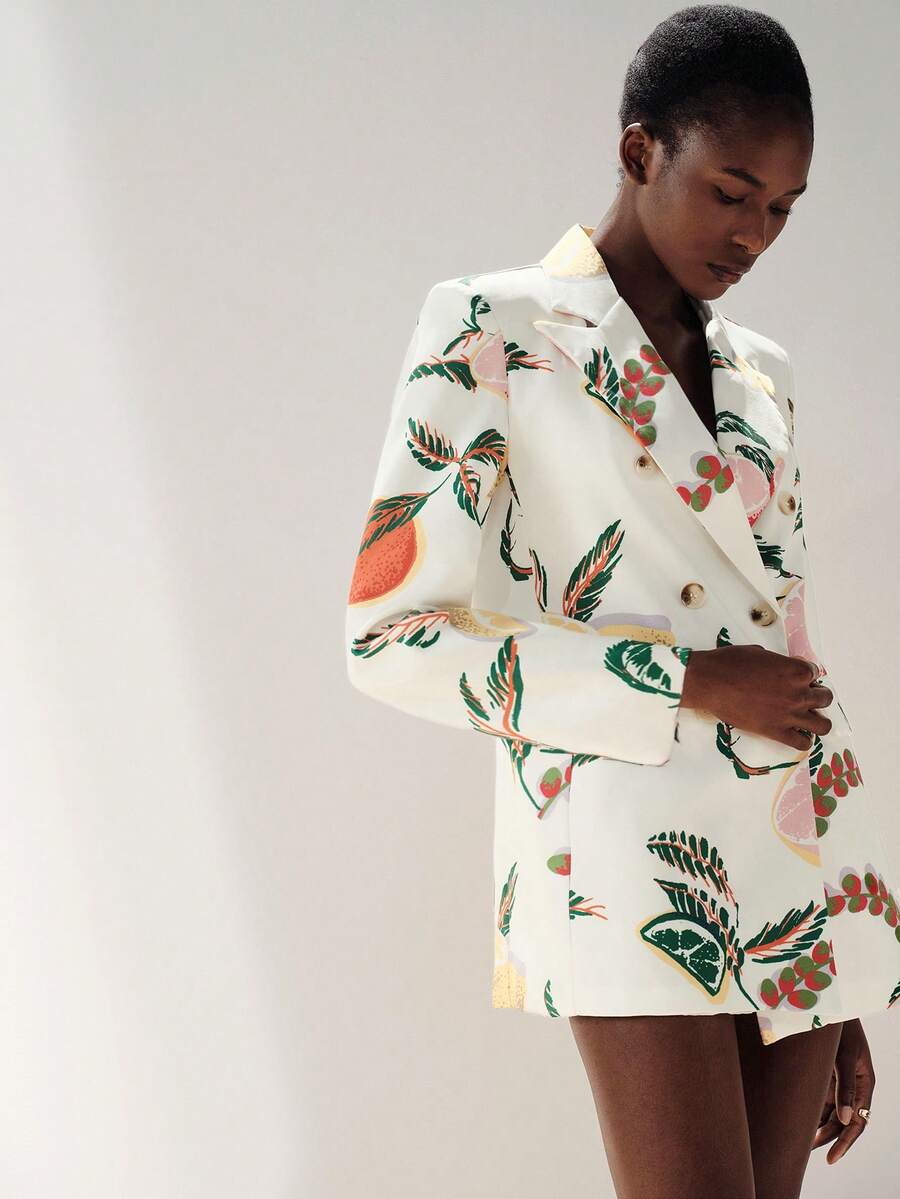 Aveloria Modichic Women's Chic Tropical Fruit Print Blazer Off White Double-Breasted Lapel Jacket,Summer Holiday Tea Party Stylish Casual Suit,Fashionable Street Style - White - View 1