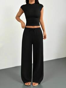 SHEIN PETITE 2件組女款夏季純色黑色休閒家居服，立領百褶襯衫與長褲套裝，舒適運動服飾兩件套，適合嬌小女性 - 黑色 - 查看 9