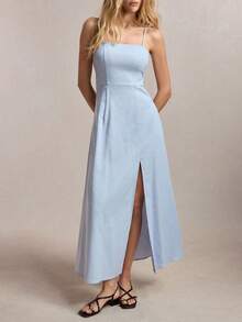 BizChic New Spring/Summer Linen Adjustable Spaghetti Strap A-Line Dress With Side Slit, Elegant For Commuting, Blue - Multicolor - View 5
