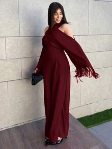 Hitanina 2025 Autumn And Winter New Elegant Commuter Solid Color Fit Bright Red Cross Neckline & Tassel Long Sleeve Women Jumpsuit, Suitable For Parties And Daily Outings,Country Concert Outfit,Halloween,Christmas, Night Out,Wedding Guest Dress,Birthday Dress,Brunch Outfits For Women,Daily Outings -A - Burgundy - View 6