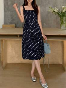K-Vae Đầm midi nữ cổ vuông chấm bi vintage, thắt eo tôn dáng, chân váy xòe, phong cách thanh lịch Pháp, thích hợp cho các buổi hẹn hò. - Màu xanh hải quân - Xem 6