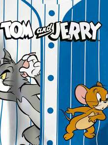 TOM & JERRY X SHEIN 男婴休闲撞色条纹卡通印花圆领短袖上衣，夏季 - 白色 - 查看 4