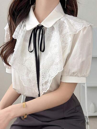 FRIFUL Women's Colorblock Pleated Ruffle Tie Bow Splice Sheer Lace Loose Casual Blouse, Suitable For Spring And Summer