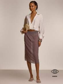 MUSERA 点缀水晶的薄纱低腰中长裙，春夏外出夜游场合假日性感可爱装饰 - 灰色 - 查看 1