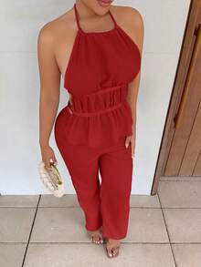 Maria Perezxox Setelan Wanita 2 Potong Gaya Prancis: Atasan Halter Longgar Warna Polos dengan Pinggang Terikat dan Celana Panjang Lebar yang Santai - Merah - View 3