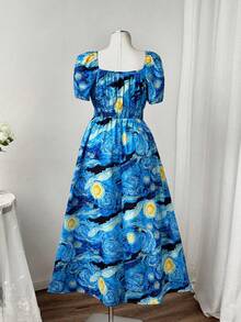 Sweetra Đầm dài tay dáng rộng, cổ đính kim cương, thắt eo, xẻ tà, in họa tiết, cỡ lớn. - Nhiều màu - Xem 2