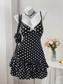 Sweetra Đầm hai dây cỡ lớn dành cho nữ, kiểu dáng cổ điển lãng mạn, họa tiết chấm bi, cổ ren, nơ bướm, viền bèo nhún đôi, thích hợp cho mùa xuân và hè, đi biển, dã ngoại, tiệc tùng, lễ hội âm nhạc, ngày Quốc khánh và tựu trường, lý tưởng cho mọi dịp. - Nhiều màu - Xem 4