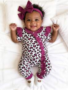 SHEIN 2件套婴儿男女通用婴儿幼儿新生儿0-3岁情人节爱心图案荷叶边装饰按扣连体衣和红色发带套装，春夏款，适合新年、情人节、生日派对、节日、拍照、新生儿连体衣、男女通用连体衣 - 紫羅蘭色 - 查看 10