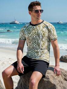 Zalmeno Men's All-Over Print Short Sleeve Rash Guard And Solid Color Swim Trunks Swimsuit Set Surf Shirt Men Rash Guard Swim Shirt For Men Zebra Print Top Men Beach Wear For Men - Brown - View 3