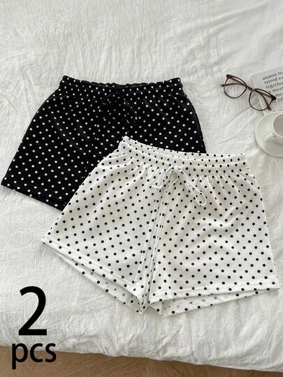 Attitoon Women's Black & White Polka Dot Casual Minimalist Two Pieces Striped Shorts Set - Summer Cute Soft Girl & Clean Girl Retro Y2K Style, Perfect For Home Wear, Vacation, Back To School, Sweet Date, Afternoon Tea & Western Festival