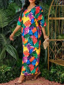 SHEIN Lady Women's V-Neck Leaf Print Casual Dress For Vacation Beach Cover Up Women's Cruise Outfit Women's Dresses Women's Beachwear Work Outfits For Women Women's Beach Cover-Up Dresses For Women Beach Vacation Outfits For Women Beach Cover Ups For Women Women's Beach Cover Up Elegant Women's Beach Cover Up Women's Clothing Dresses For Holiday Women's Clothes  Easter Outfit Women Easter Outfits Office Wear For Women Floral Dress For Women - Multicolor - View 5