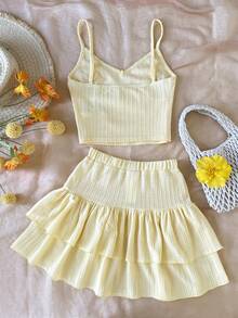 SHEIN Tween Girls Spring & Summer Sleeveless Knit Jacquard Textured Camisole Top With Ruffle Hem A-Line Skirt Shorts 2-Piece Set, Light Yellow - Yellow - View 2