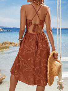 SHEIN Holidaya 夏季度假沙滩V领提花抽绳系带露脐连衣裙 - 橘色 - 查看 2