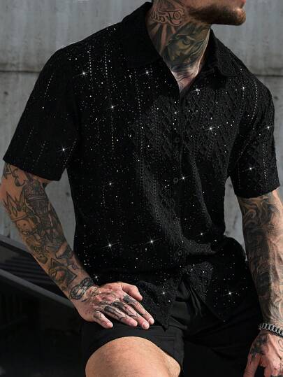 Manfinity CasualCool Men's Short Sleeve Textured Fabric Polo Shirt, Suitable For Outings, Gatherings, And Vacations Men Rhinestone Shirt Men's Beaded Shirt Men's Sparkly Shirt Men's Pearl Snap Shirt Men's Sequin Shirt Old Money,Daily Leisure, Weekend Trips, Outdoor Activities, Travel Expeditions, Relaxed Work Environments Or Semi-Formal Occasions, Boyfriend/Husband Gift, Anniversary /Birthday Gift Party Summer Vacation Holiday,Wedding,Spring To Summer Men Cruise Outfit Yacht Outfit Men Men Beach Outfit Set