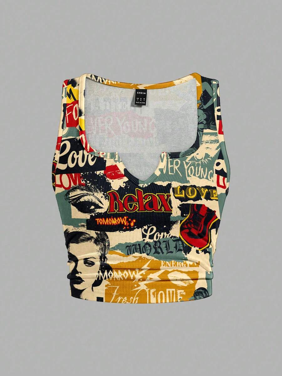 Slaydiva 大码女式字母和图案印花休闲简约背心，适合夏季穿着，图案上衣，女式印花背心，夏季女式背心，女式吊带背心，夏季服装上衣 - 彩色 - 查看 1