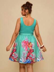 Travachic Women's Plus Size Elegant & Casual Sleeveless Dress With Solid Color And Tropical Coconut Tree Print, Suitable For Vacation, Summer, Tropical Healing - Green - View 3