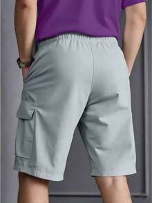 Manfinity Dauomo Pantalones cortos casuales de hombre con bolsillos cargo y cordón en la cintura - Gris Claro - Ver 3