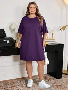 SHEIN CURVE+ Đầm ngắn tay cổ tròn dáng rộng thoải mái, thích hợp cho mùa hè. - Màu tím - Xem 4