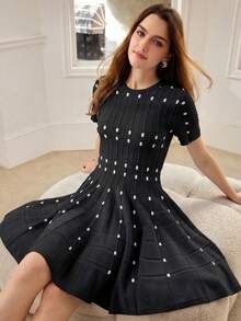 MOTF PREMIUM VESTIDO MINI DE PUNTO DE MANGA CORTA ELEGANTE PARA CITAS, PRIMAVERA/VERANO PARA MUJER - Blanco y Negro - Ver 5