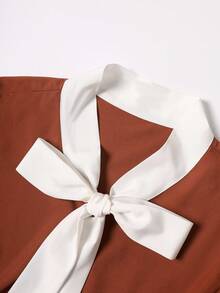 DreamSkyne Plus Size Women's Woven Regular Early Spring Elegant Retro Date Contrast Color Collar Bow Tie Petal Sleeve Brown Dress - Brown - View 4