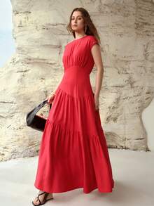 MOTF PREMIUM 亚麻混纺不对称褶裥长连衣裙 - 紅色 - 查看 5