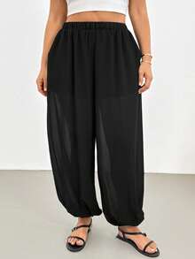 Shapeblank 大码女装春夏时尚休闲宽松舒适日常百搭显瘦黑色雪纺透视泡泡哈伦裤，夏季服装，女裤，度假装，宽松裤，女士宽松裤，女士超大码裤，女士泡泡裤，大码宽松女裤，瑜伽裤 - 黑色 - 查看 4