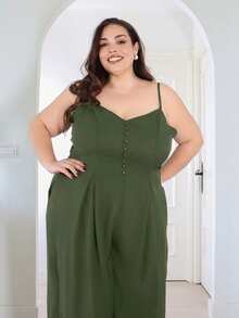 Pretty and Ole Bộ đồ liền thân ống rộng xếp ly cài nút sang trọng, thanh lịch cỡ lớn dành cho nữ, mùa xuân/hè - màu xanh lá - Xem 4