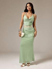 SHEIN PETITE 绿色蕾丝露背吊带鱼尾透视连衣裙，绿色连衣裙，性感蕾丝连衣裙 - 綠色 - 查看 5