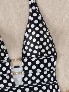 Swim Glamine Áo tắm liền thân nữ kiểu yếm buộc dây, hở lưng, cổ chữ V khoét sâu, chấm bi, thời trang cho mùa hè. - Đen và trắng - Xem 1