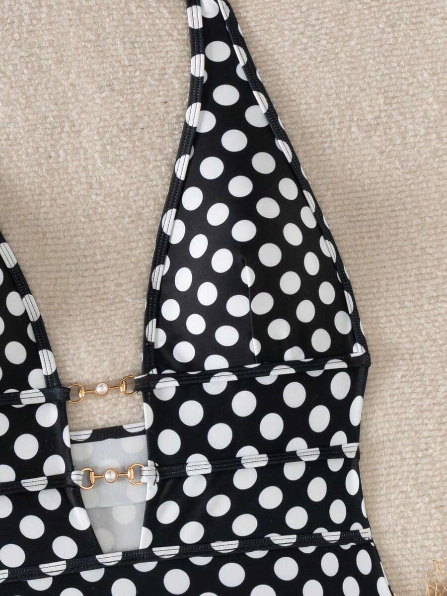 Swim Glamine Áo tắm liền thân nữ kiểu yếm buộc dây, hở lưng, cổ chữ V khoét sâu, chấm bi, thời trang cho mùa hè. - Đen và trắng - Xem 1