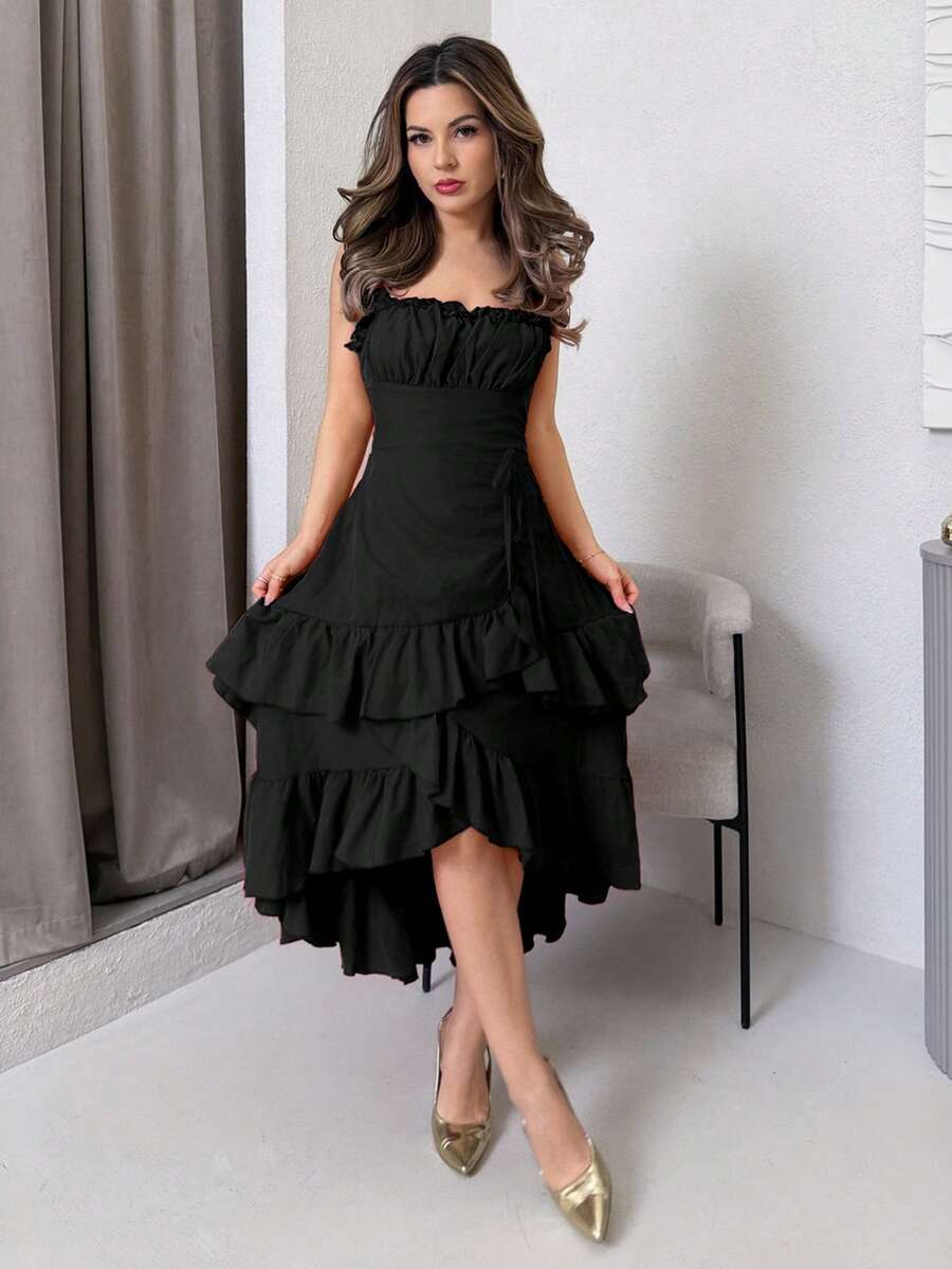 Jemour Apricot Vintage Ruffled Hem Women's Dress, Casual Outfit For Early Autumn - Black - View 1