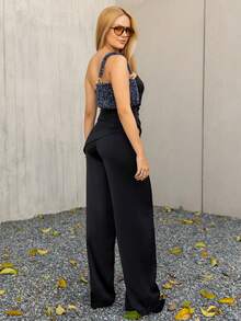Bela Noronha Ensemble femme minimaliste pour navetteur, top tube à ourlet asymétrique de couleur unie et pantalon large, été - Noir - Voir 3