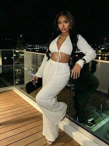 Slaydiva New Early Spring, Spring And Summer Music Festival, Valentine's Day, Easter, Bohemian Style, Nomadic Style, Casual, Simple And Basic, Cruise Party, Birthday Party, Daily Date, Casual Vacation, Elegant Commuting, V-Neck, Shoulder Sleeve, Long Sleeve, Hem, Tie, Ultra-Short Top + Wide-Leg Pants, Pocket Pants, Elastic Waist, White Suit, Women's Two Pieces Set -A White Two Piece Set Women Pants Sets Two Piece Vacation Outfits Women 2 Piece Set - White - View 1