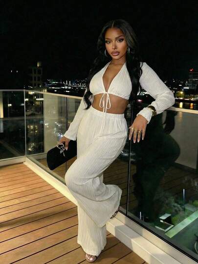 Slaydiva 早春新款，春夏音乐节，情人节，复活节，波西米亚风，游牧风，休闲，简约基础款，邮轮派对，生日派对，日常约会，休闲度假，优雅通勤，V领，露肩袖，长袖，下摆，系带，超短上衣+阔腿裤，口袋裤，松紧腰，白色套装，女士两件套 -A