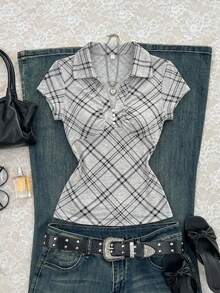 Elamini 女士休闲灰色格子简约翻领修身短袖T恤 - 灰色 - 查看 5