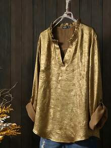 EMERY ROSE 2026 Blusa de mujer talla grande de primavera, de moda casual y versátil, con cuello dorado brillante y volantes, mangas largas con puños y escote en V pequeño, adecuada para la primavera - Dorado - Ver 5