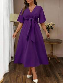 Elenzga Vestido maxi de línea A con cuello en V, volantes y mangas cortas, con cintura anudada, para uso diario, talla grande - Morado - Ver 1