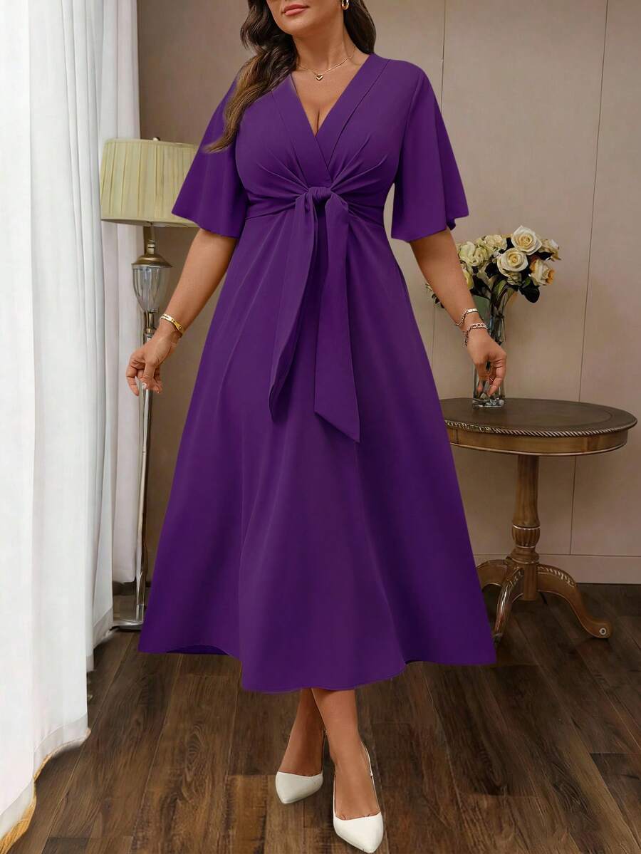 Elenzga Vestido maxi de línea A con cuello en V, volantes y mangas cortas, con cintura anudada, para uso diario, talla grande - Morado - Ver 1