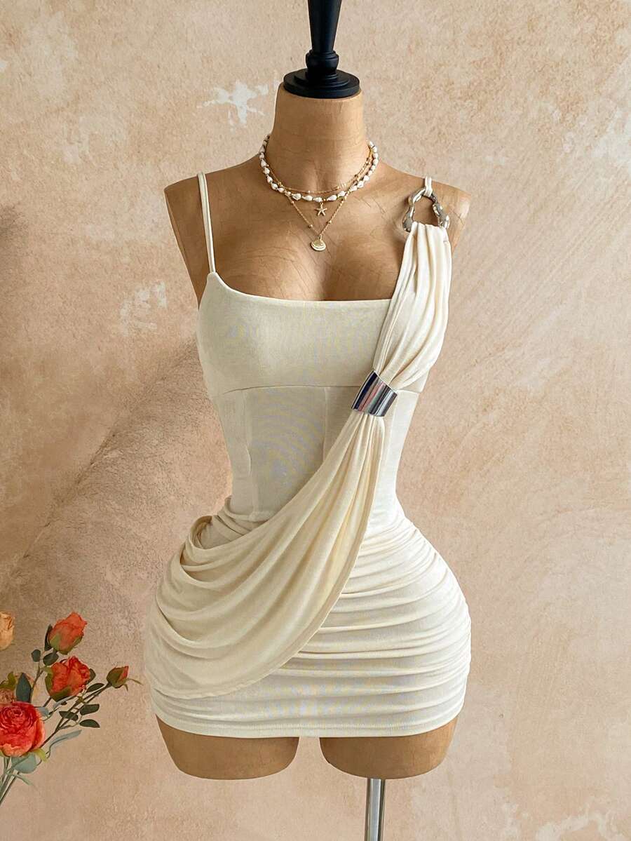 Soleia Women's Solid Color Ruched Bodycon Spaghetti Strap Mini Dress New Arrival Dresses For Ladies Luxury Elegant Sexy Summer Dress Vacation Club Night - Brown - View 1