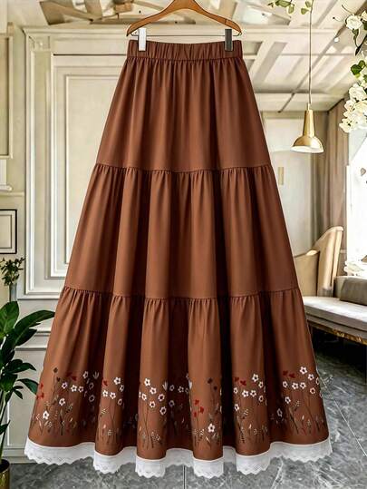GlowEve CURVE Plus Size Women's Vintage Elegant Ditsy Floral Pleated A-Line Skirt, Retro Music Festival Casual Embroidered Floral Patchwork Contrast Color Soft Fabric Summer Vacation Skirt, Suitable For Graduation, Holidays, Valentine's Day, Music Festivals, Mother's Day, Halloween, Thanksgiving, Easter, National Day, Dances, Dates, Parties, Weddings, Outings Brown Summer Skirt Boho Skirts For Women Western Outfits For Women Skirt Dresses For Woman Skirt Womens Skirts