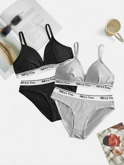 4pcs Black + Grey Bra & Panty Set, Triangle Cup, Casual, Comfortable, EasyComfort Women's Lingerie Set