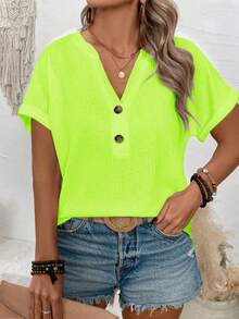 EMERY ROSE 2025 New Plus Size Women's Fashion Casual V-Neck Button Shoulder Sleeve Sea Salt Blue-Green Short Sleeve T-Shirt - Green - View 3