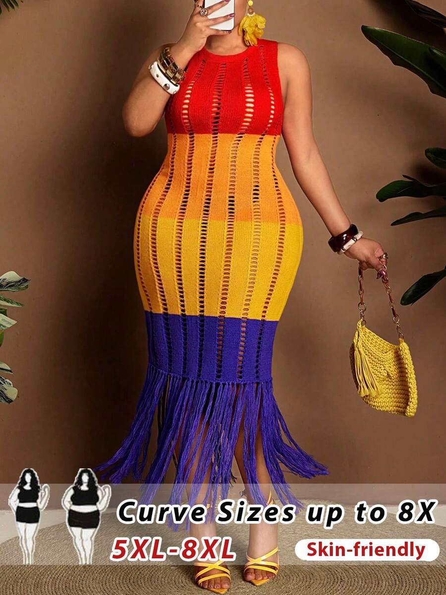 SHEIN CURVE+ CURVE 女士针织连衣裙，多色可选，黄色、橙色、紫色，无袖，圆领，流苏，镂空设计，显瘦性感，女士针织连衣裙，女士外套，春季、夏季、度假装。 - 彩色 - 查看 1
