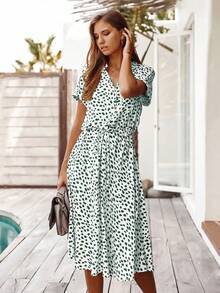 Breezaya Vestido de lunares verde menta para mujer, cuello en V con botones, cintura ceñida, manga corta, estilo boho, para vacaciones de verano, resort, casual, nueva llegada, vestido de vacaciones - Verde - Ver 5