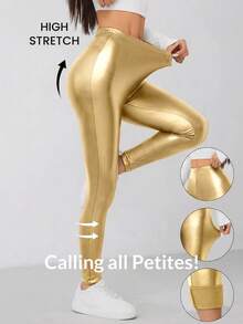 SHEIN PETITE Knitted Coated Women's Leggings, Light Gold - Gold - View 10